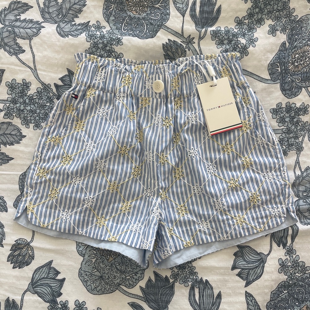 Tommy Hilfiger Blue & White Striped Shorts with Yellow Floral Embroidery